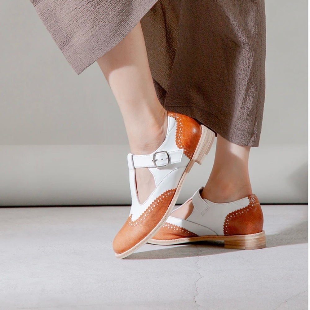 Anthropologie Wingtip Brown White Leather Mary Janes All Black Belted Wings NWT - Picture 4 of 16